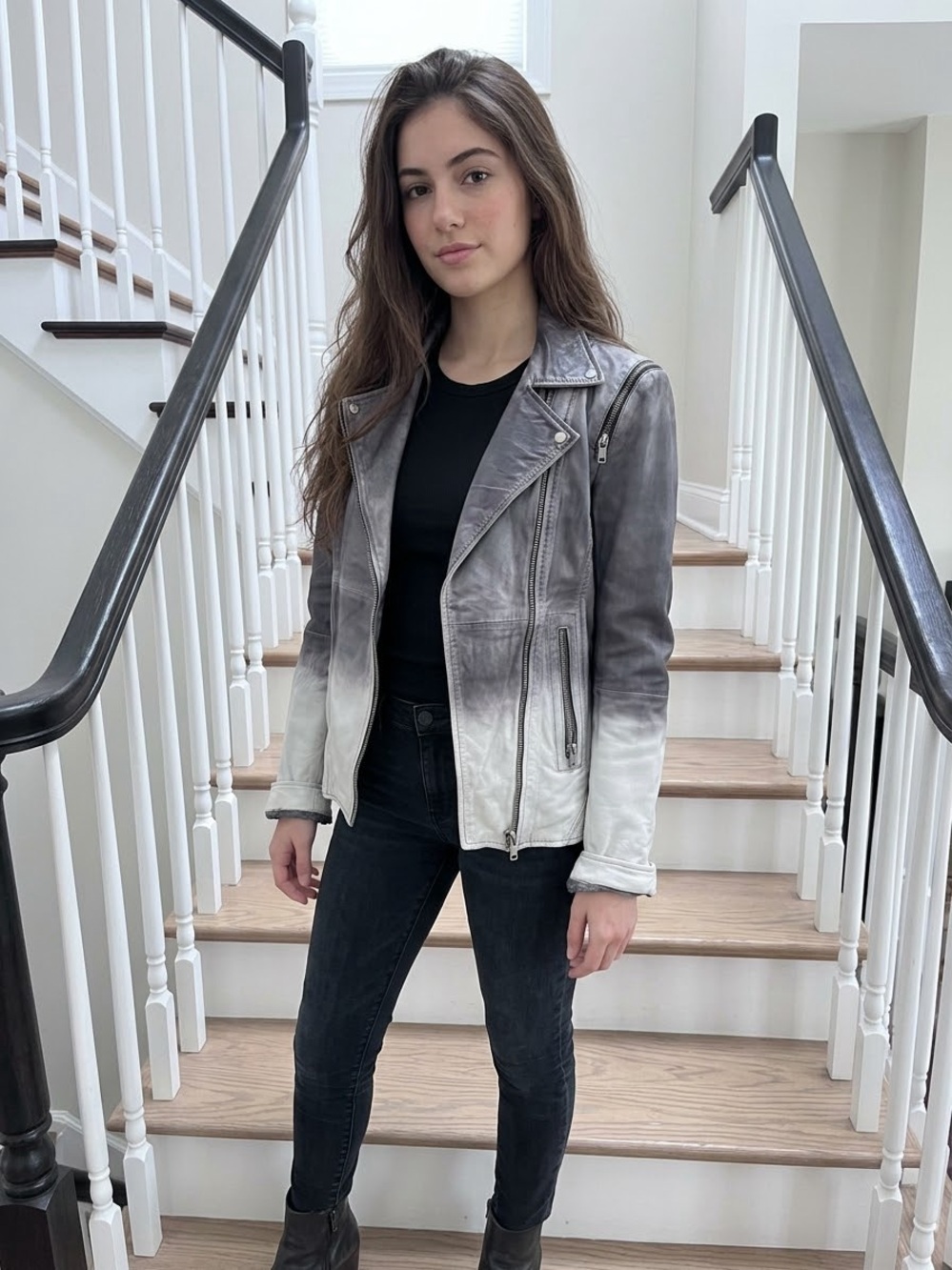 Malibu Ombre Leather Moto Jacket in Gray and White ladies M